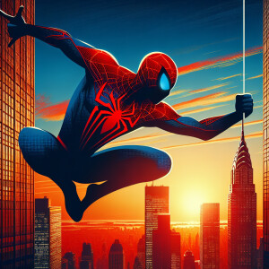 Create an image of Spiderman swinging through the skyscrapers of...