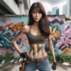 Athletic Thin skinny Attractive, Asian teenage girl, long brown hair and bangs, wearing tight skinny jeans and a halter top paint marks on her clothing, heroic pose Asian graffiti background