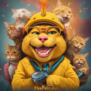 A yellow cat wearing body armor with serious face, holding a ban...