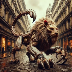A hyper-realistic manticore, seamlessly blending lion and scorpi...
