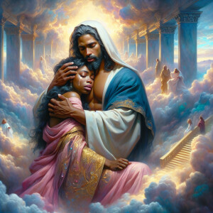 An oil painting depicting a light-skinned African-American Jesus...