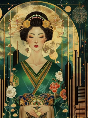 portrait of a celestial Art Deco heroine, emerald green and gold...