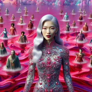 A beautiful  vampire woman with long metallic white  hair wearin...