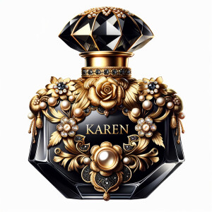 Design a fancy, black and gold bottle of perfume in the shape of a woman’s body. With a golden diamond top, flowers pearls and Diamonds in the name, Karen