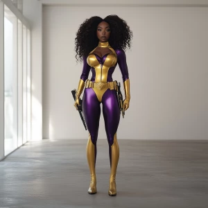 A wide camera angle of a superheroine that stands with commandin...