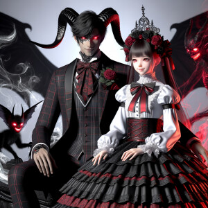 A girl named lilith with elegant gothic lolita dress sit on the lap of Handsome Lucifer with Black Horn, Msyterious Aura of Black and red, Lilith and Lucifer evil smirks, glowing eyes, 3D, High Res