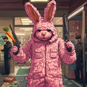 Create an image of a character in a fluffy pink bunny costume fe...