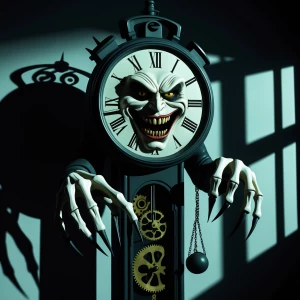 Visualize an eerie, anthropomorphic clock standing in a shadowy...