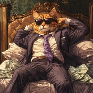 Create an image of a humanoid cat character lying on a luxurious...