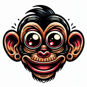 Cartoonish rat fink monkey with bulging eyes in a new school tat...