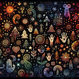 Black background scattered with beautiful watercolor celestial d...