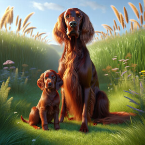 A Female dog Irish setter with her puppy next to her 3D Photolis...