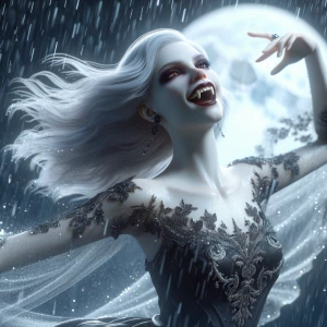 A female vampire with an exuberant expression, dancing gracefull...