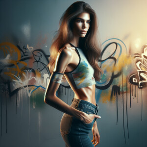 Athletic Thin skinny Attractive, Asian teenage girl, long brown hair and bangs, wearing tight skinny jeans and a halter top paint marks on her clothing, heroic pose Asian graffiti background, side view