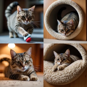 Produce a video showcasing a domestic cat's playful antics, incl...