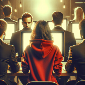 Backside profile of a young woman wearing red hodie, surrounded by backside profile of men with black suits who work in front of computer screens