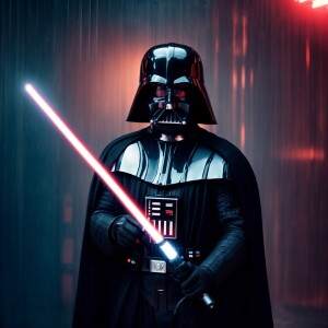Darth Vader holding a light saber, Death Star behind him