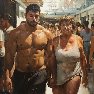 Realism,painting.A man  muscular beefy sweat walking with his  5...