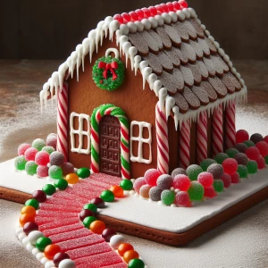 Design a detailed gingerbread house featuring Christmas decorati...