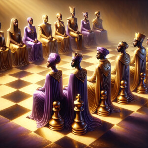 3-D realistic oil, painting, Oh a gold, and purple human chessbo...