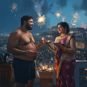 realism art style,a muscular beefy sweaty man celebrating diwali...