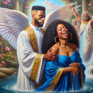 An oil painting depicting a light-skinned African-American pasto...
