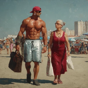 Photo hyperRealism,painting.a muscular sweaty man walking  with...