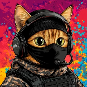 A wide-eyed ginger cat wearing a black tactical balaclava (or ma...