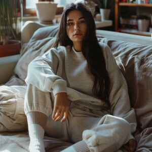 Photo of fair skinned hourglass figure woman with dark straight...