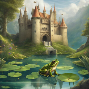 Create a mythical illustration of a frog in a pond, looking down...