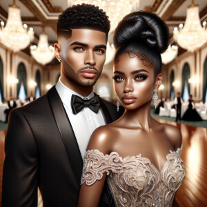 A light skin African American couple at a fancy ballroom event....