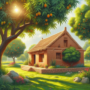 Sketch a traditional Pakistani mud house surrounded by mango tre...