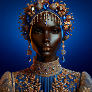 Create a 3-D realistic, elegant figure against a vivid royal blu...