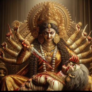 portrait of angry looking goddess durga sitting on a gold crown...