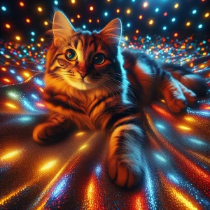 "Photorealistic digital photograph of a tabby cat lounging on a soft, plush surface, bathed in vibrant, multicolored light reflections. The image is vertical, taken from a slightly elevated angle, emphasizing the cat’s relaxed pose. The cat has detailed fur with warm brown, black, and tan hues, and its green eyes stand out against the psychedelic rainbow lighting. The background features abstract, kaleidoscopic patterns in blue, orange, red, and yellow, created by light refractions on the fabric beneath the cat. The texture of the blanket is smooth and slightly reflective, capturing the scattered light beautifully. The mood of the image is surreal yet cozy, with a dreamlike glow highlighting the contours of the cat’s face and body. The overall color palette is rich and dynamic, dominated by neon-like reflections. Image quality is high-resolution with crisp details, realistic fur texture, and a soft depth of field focusing on the cat while the background remains artistically blurred."