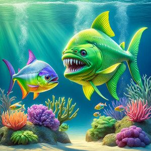 Purple lime piranha no teeth playing with a marlin