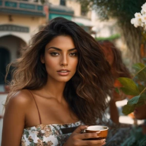 Tall fit supple buxom Italian American female model has coffee w...