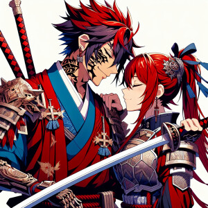 Renji Abarai from the anime “Bleach” kisses Erza Scarlet from th...