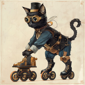A cat roller skating  with a steam punk theme with a blank backg...