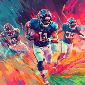 Elon Musk NFL player, there are many players around on the football field, the picture is in motion, carton colorful art style