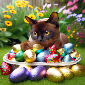 Burmese Cat hatches chocolate eggs