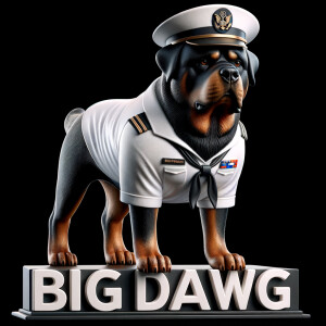 A mean Rottweiler, the Rottweiler is a US Navy officer in a white uniform, down below, spells the words BIG DAWG