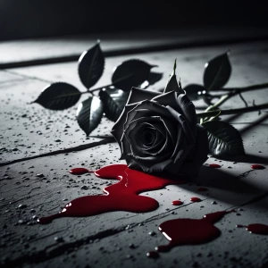 Black rose strewn onto cement and red blood fallen on the rose a...