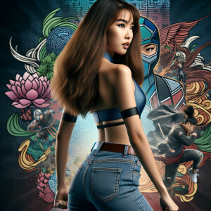 Attractive, Asian teenage girl, long brown hair and bangs, wearing tight skinny jeans and a halter top paint marks on her clothing, backside view heroic pose Asian graffiti