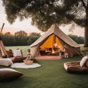 Glamping birthday party with an inflatable outdoor movie screen...