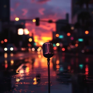 Create an image of a sunset in Los Angeles after a rain shower w...