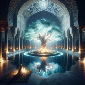 A large glowing tree surrounded by water is located inside an Ar...