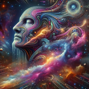 A luminously drifting figure in a vaporwave-inspired color palet...