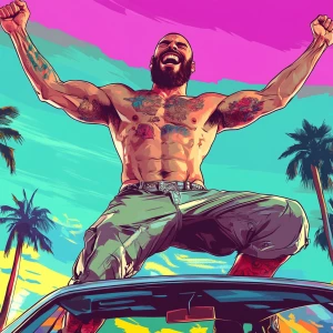 White muscular thin man with beard, big chin, smile and cheekbon...