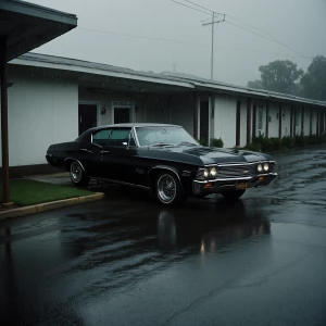 1967 chevy impala all black parked at motel on a rainy day